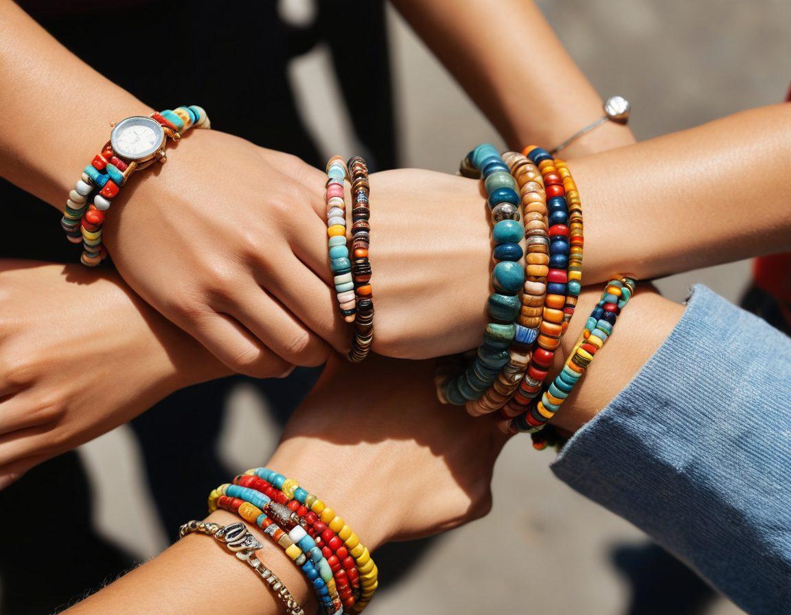 A stylish wrist adorned with colorful bracelets symbolizing causes like health, environment, and equality. The background shows a diverse group of people wearing similar accessories, showcasing unity and advocacy. Soft natural lighting highlights the textures of the accessories, conveying a sense of warmth and support. The focus is on the wrist while maintaining an engaging atmosphere of community. vibrant colors. super-realistic.