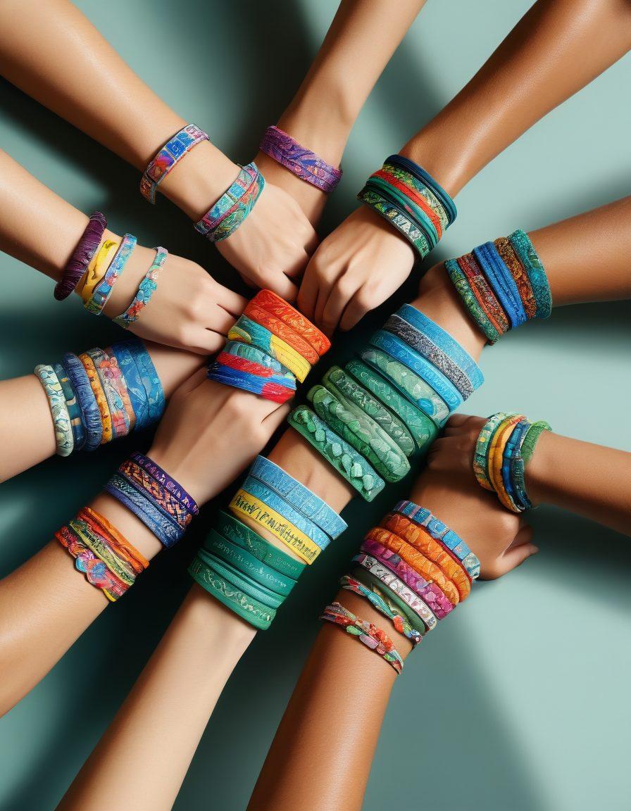 A vibrant and playful display of 10 unique wristbands, each representing different themes of well-being and philanthropy, arranged artistically on a textured surface. Include diverse patterns and colors that symbolize positivity and support for various causes. The background should be soft and inviting, accentuating the wristbands' details. Add natural elements like greenery or flowers to promote a sense of tranquility. super-realistic. vibrant colors.