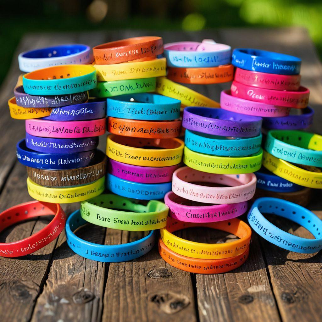 A collection of vibrant statement wristbands displayed on a rustic wooden table, each inscribed with uplifting messages related to mental wellness and community support. In the background, a soft-focus view of a diverse group of people in a park, engaging in a community activity, emphasizing unity and purpose. Natural light casts gentle shadows to enhance the warm, inviting atmosphere. super-realistic. vibrant colors. soft-focus.